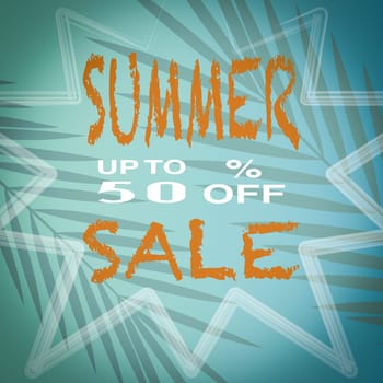 Banner summer sale, With a turquoise background with palm tree leaves.