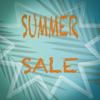 Banner summer sale, With a turquoise background with palm tree leaves.