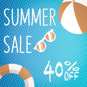 Banner for Summer sale discount. with summer related items in the background.