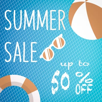 Banner for Summer sale discount. with summer related items in the background.