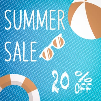 Banner for Summer sale discount. with summer related items in the background.