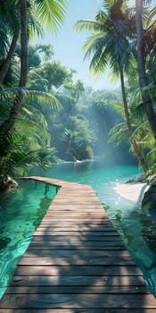 A wooden bridge winds its way to a tropical lake surrounded by lush palm trees and grass, creating a serene natural landscape