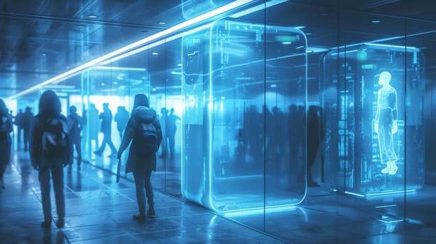 A group of people are walking through a large, brightly lit room. The room is filled with blue lights and the people are wearing backpacks. Scene is one of busyness and movement