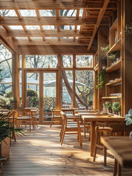 A restaurant with wooden floors and a lot of plants. The atmosphere is warm and inviting. The tables are arranged in a way that encourages conversation and socializing