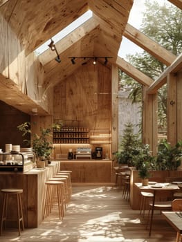 A restaurant with wooden floors and a lot of plants. The atmosphere is warm and inviting. The tables are arranged in a way that encourages conversation and socializing