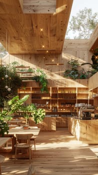 A restaurant with wooden floors and a lot of plants. The atmosphere is warm and inviting. The tables are arranged in a way that encourages conversation and socializing