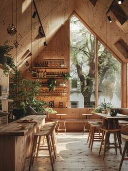 A restaurant with wooden floors and a lot of plants. The atmosphere is warm and inviting. The tables are arranged in a way that encourages conversation and socializing