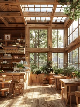 A restaurant with wooden floors and a lot of plants. The atmosphere is warm and inviting. The tables are arranged in a way that encourages conversation and socializing