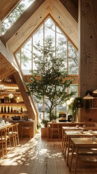 A restaurant with wooden floors and a lot of plants. The atmosphere is warm and inviting. The tables are arranged in a way that encourages conversation and socializing