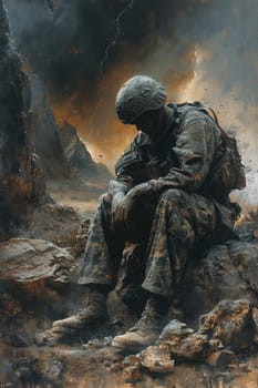 A sad soldier . Post-Traumatic Stress Disorder Awareness Day.