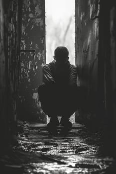 A sad young man sitting on the floor. Post-Traumatic Stress Disorder Awareness Day.