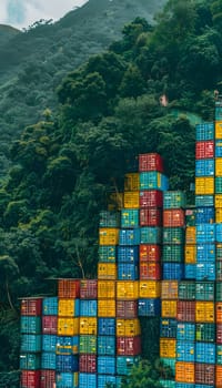 A rectangular stack of vibrant shipping containers resembling a modern art piece on a hill, adding a pop of color to the urban design of the landscape