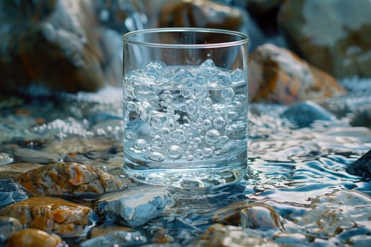 A transparent glass glass with drinking mountain water on the background of nature . The concept of drinking mineral water.