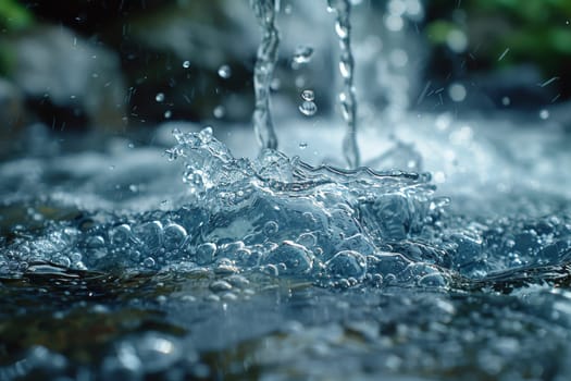 Falling drops of water. Splashes of water from a mountain river.