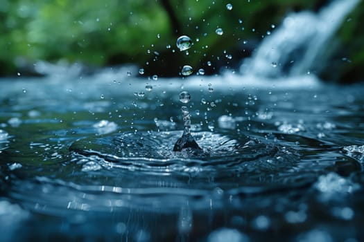 Falling drops of water. Splashes of water from a mountain river.