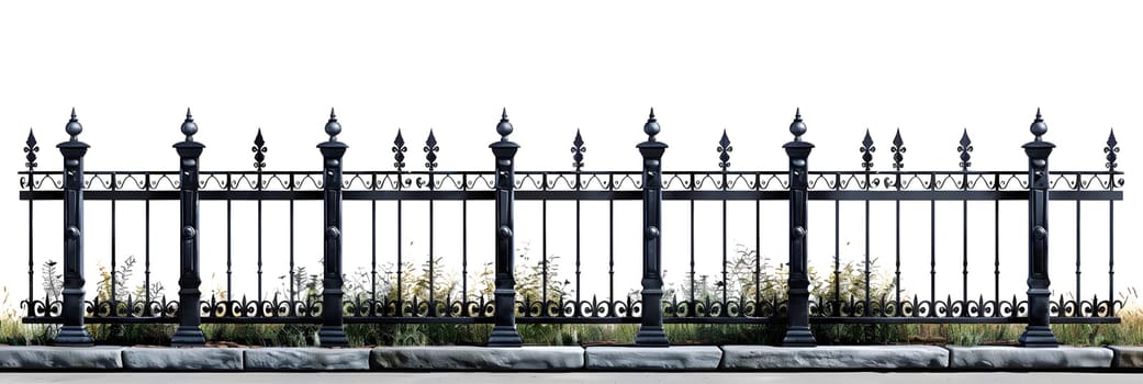 A black wrought iron fence with grass growing behind it stands against a white background, adding a touch of elegance to the buildings exterior