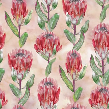 Watercolor seamless pattern with vertical protea flowers on a beige background for textile and surface design