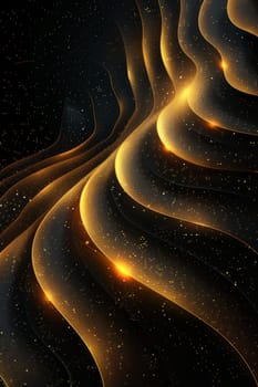 Abstract shiny gold wave design element with glitter effect on a black background.