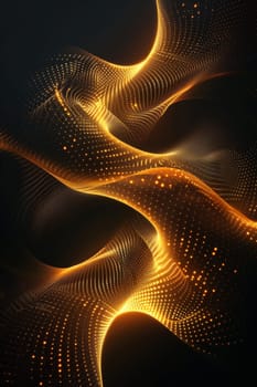 Abstract shiny gold wave design element with glitter effect on a black background.