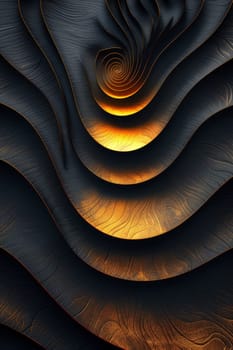 Abstract shiny design element in the form of golden wavy lines on a black background.