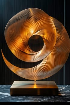 A shiny statuette in the form of a golden wavy line on a black background.