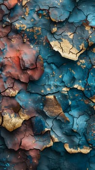 A closeup shot of a cracked bedrock wall adorned with a striking pattern of electric blue and gold paint, resembling a piece of modern art or a fashionable accessory