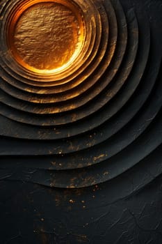 Abstract shiny design element in the form of golden circular lines on a black background.