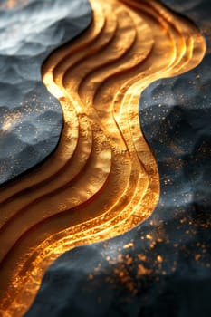 Abstract shiny design element in the form of golden wavy lines on a black background.