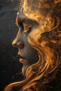 Abstract shiny design element in the form of golden wavy lines and a girl's face on a black background.