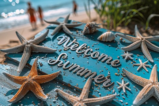 A sunny beach with stars and summer vacation items . postcard. The inscription on the postcard is welcome, summer.