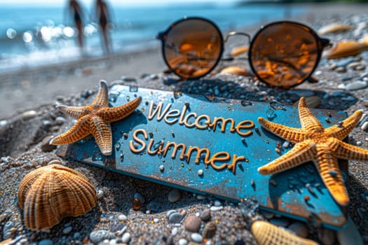 A sunny beach with stars and summer vacation items . postcard. The inscription on the postcard is welcome, summer.