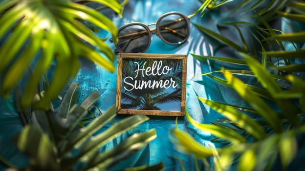 A sunny beach with stars and objects for summer holidays. postcard. The inscription on the postcard is Hello summer.