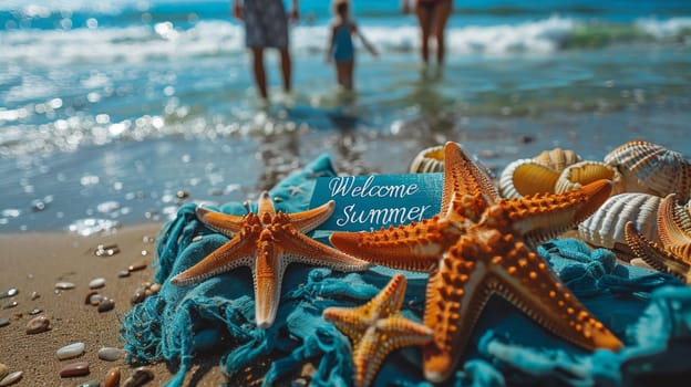 A sunny beach with stars and summer vacation items . postcard. The inscription on the postcard is welcome, summer.