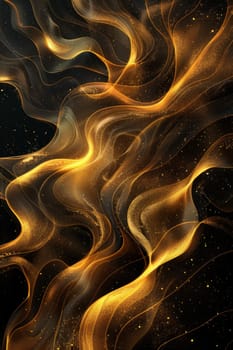 Abstract shiny gold wave design element with glitter effect on a black background.