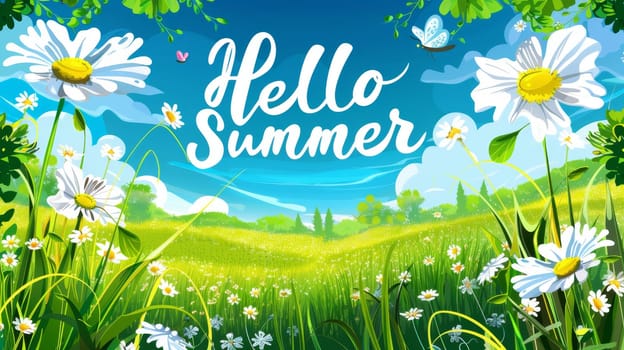 Summer sunny landscape. The inscription Hello SUMMER. The beginning of summer in the northern hemisphere. Illustration.