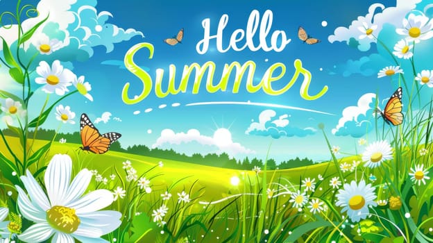 Summer sunny landscape. The inscription Hello SUMMER. The beginning of summer in the northern hemisphere. Illustration.