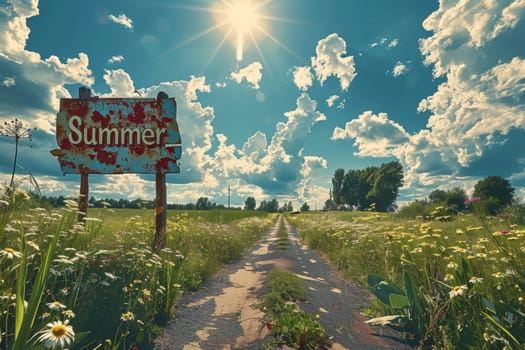 Summer sunny landscape. A sign with the inscription SUMMER. The beginning of summer in the northern hemisphere.