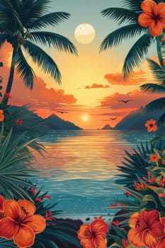 Tropical coast, beach. Sea view. The day of summer. Illustration