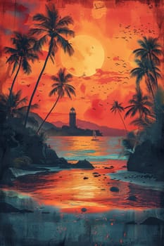 Tropical coast, beach. Sea view. The day of summer. Illustration