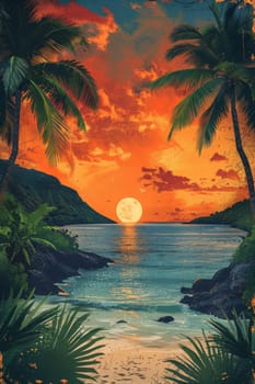 Tropical coast, beach. Sea view. The day of summer. Illustration