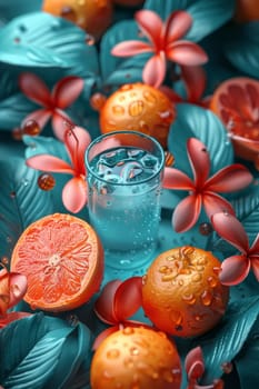 Summer colorful background. A glass of water and fruit. The concept of summer holidays.