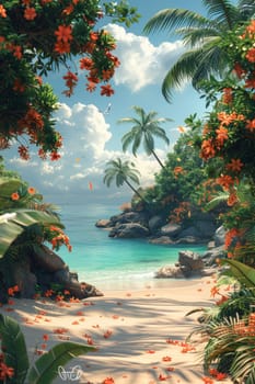 Tropical coast, beach. Sea view. The day of summer. Illustration