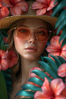 Portrait of a stylish girl in a straw hat and fashionable glasses posing next to an exotic plant. Summer Day.