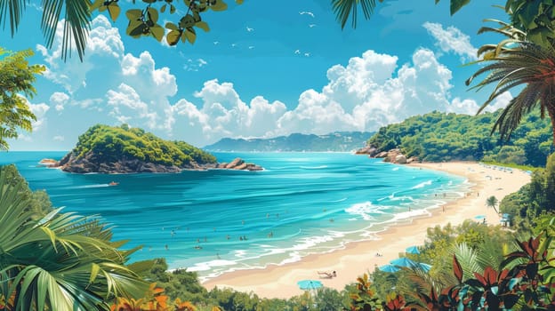 Tropical coast, beach. Sea view. The day of summer. Illustration