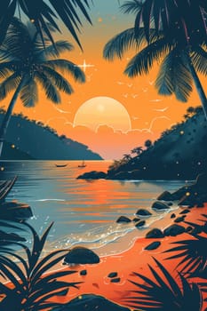 Tropical coast, beach. Sea view. The day of summer. Illustration