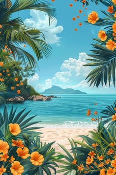 Tropical coast, beach. Sea view. The day of summer. Illustration