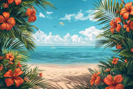 Tropical coast, beach. Sea view. The day of summer. Illustration