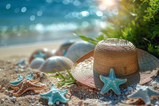 Summer colorful background Hat and starfish are lying on the beach. The concept of summer holidays.