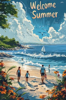 A sunny beach with cartoon characters. postcard. The inscription on the postcard is Welcome summer . illustration.