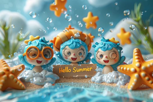 A sunny beach with cartoon characters. postcard. The inscription on the postcard Hello Summer. 3d illustration.